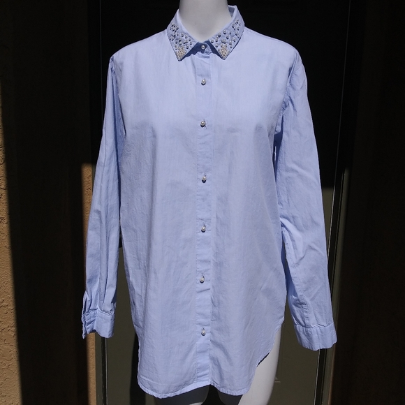 Zara Tops - Zara Botton Down Shirt Pearl Embellishments Blue L